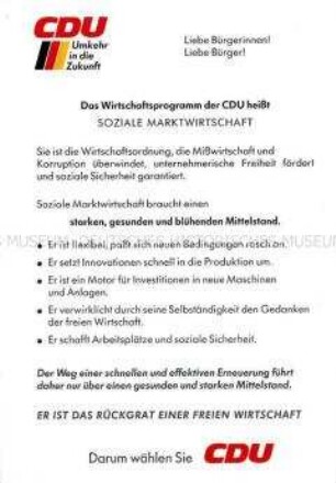 Wahlflugblatt des CDU-Parteivorstandes Berlin mit dem Schwerpunktthema Soziale Marktwirtschaft