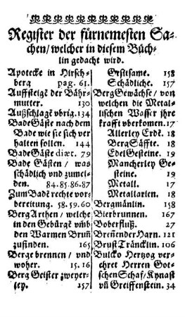 Register der fürnemesten Sachen/ welcher in diesem Büchlin gedacht wird.