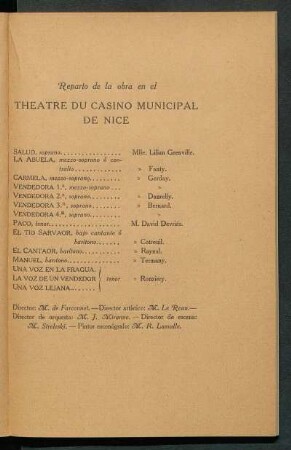 Reparto de la obra en el Théâtre du Casino municipal de Nice