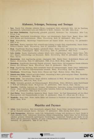 Alabaster, Irdengut, Steinzeug, Steingut, Majolika, Fayence (Nr. 1-47)
