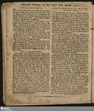 Calender-Anhang auf das Jahr Jesu Christi 1822