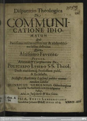 Disputatio theologica de communicatione idiomatum