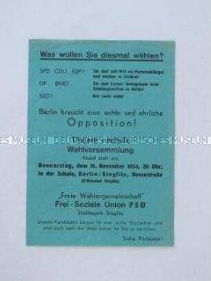 Propagandaflugblatt der Freien Wählergemeinschaft Berlin 1954 mit einer Einladung zur Teilnahme an einer öffentlichen Versammlung