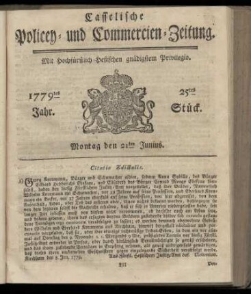 25tes Stueck, Montag den 21ten Junius. 1779