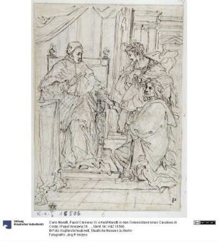 Papst Clemens XI. erhebt Maratti in den Ordensstand eines Cavaliere di Cristo / Papst Innozenz XII. händigt Maratta das Schreiben aus, das ihn zum Kustos der Gemälde Raffaels im Vatikan und der Sixtinischen Kapelle ernennt