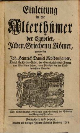 Einleitung in die Alterthümer der Egyptier, Jüden, Griechen u. Römer