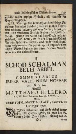 II. Schod Schalman Beth Arbel Sive Commentarius Super Vaticinium Hoseae ... [Anfang]