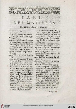 Table des matières contenues dans ce volume