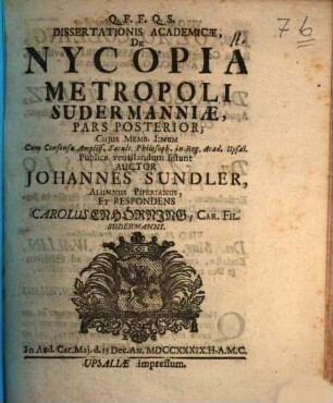 Dissertationis acad. de Nycopia, metropoli Sudermanniae, pars posterior