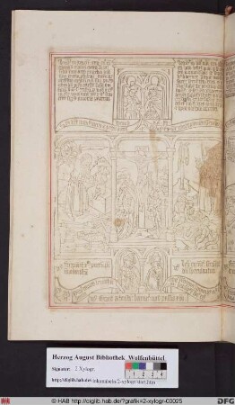 Drei biblische Szenen umgeben von vier Propheten. Mittig: Christus am Kreuz. Links: Abraham opfert Isaaks. Rechts: Die eherne Schlange.