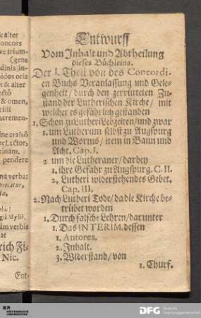 Entwurff Vom Inhalt und Abtheilung dieses Büchleins.