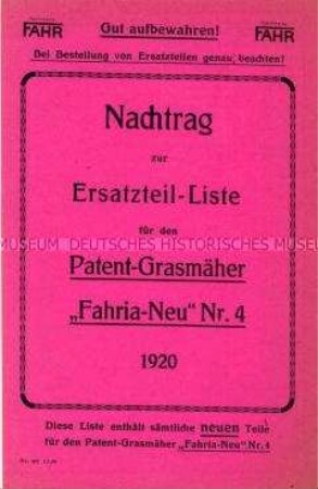 Nachtrag zur Ersatzteilliste für den Grasmäher
