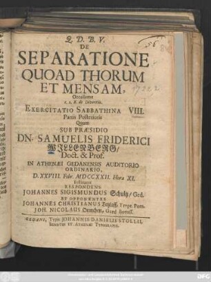 De Separatione Quoad Thorum Et Mensam : Occasione c. 2. X. de Divortiis ; Exercitatio Sabbathina VIII. Partis Posterioris