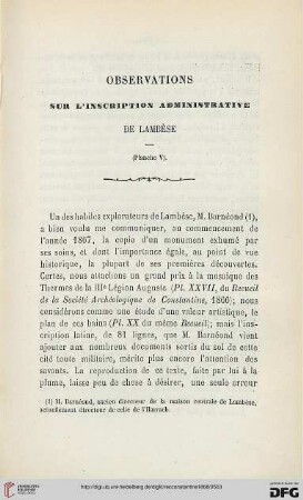 Sér. 2: Observations sur l'inscription administrative de Lambèse