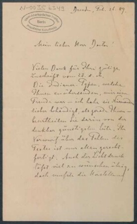 26. Februar 1889, Dresden [Brief von Alphons Stübel an Max Uhle]