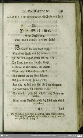III. Die Wittwe : Eine Erzählung. Sieh The Tattler. 3 Vol. 126 Stück