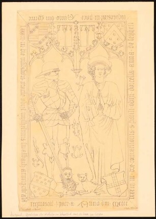 Grabstein des Wilhelm von Schwalbach und Anna von Leyen, Boppard: Aufriss des Doppelgrabmals mit Relieffiguren und der lateinischen Inschrift