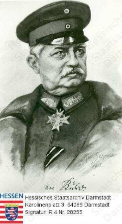 Bülow, Karl Graf v. (1846-1921) / Porträt in Uniform, linksblickendes Brustbild mit faks. Unterschrift