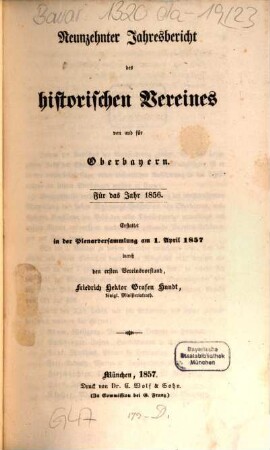 Jahresbericht des Historischen Vereins von Oberbayern. 19. 1856 (1857)