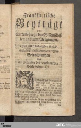 Neun und Sechzigstes Stück. Betrachtungen über die Gedanken des Persianischen Philosophen.