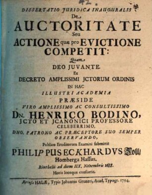 Diss. iur. inaug. de auctoritate seu actione quae pro evictione competit