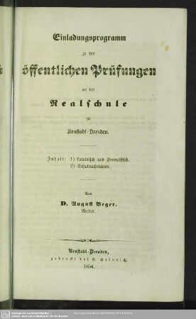 1853/54: Einladungsprogramm zu den öffentlichen Prüfungen an der Realschule zu Neustadt-Dresden