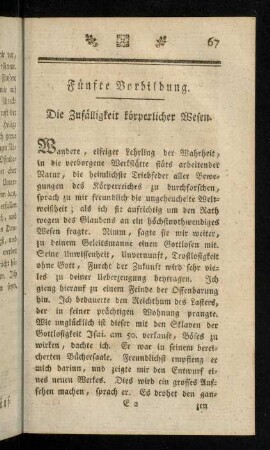 67-77, Fünfte Vorbildung. Die Zufälligkeit körperlicher Wesen.