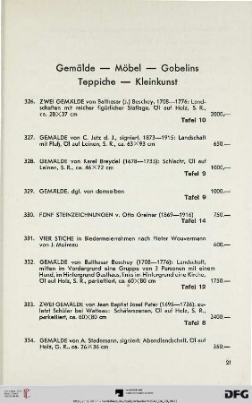 Gemälde – Möbel – Gobelins – Teppiche – Kleinkunst (Nr. 326-437)