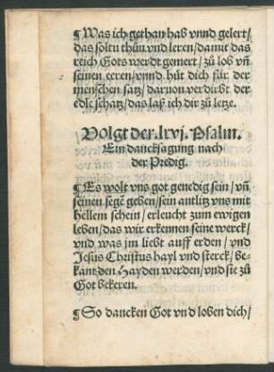 Volgt der. lxvi. Psalm. || Ein dancksagung nach || der Predig. ||