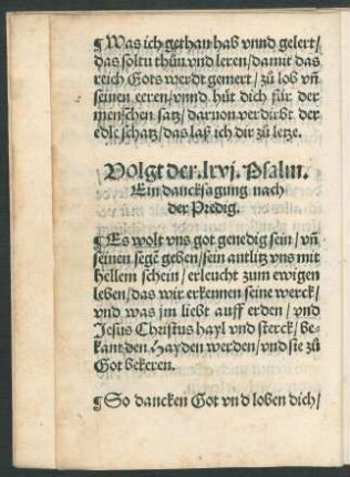 Volgt der. lxvi. Psalm. || Ein dancksagung nach || der Predig. ||