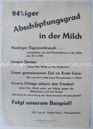 Propagandaflugblatt der SED-Kreisleitung Gera-Land zur Steigerung der Milchproduktion
