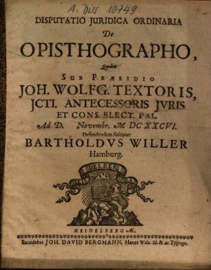 Disputatio Iuridica Ordinaria De Opistographo