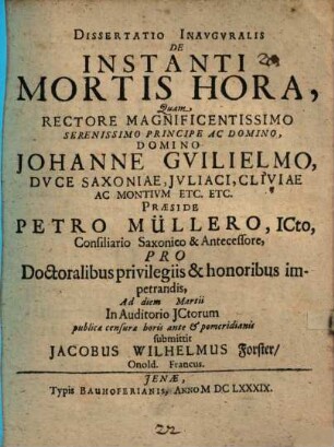 Dissertatio inauguralis de instanti mortis hora