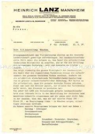 Anschreiben an die Presse zur Information über das Angebot von Lanz zur Ausstellung in München
