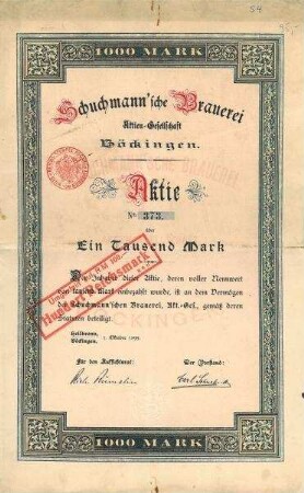 Aktie der Schuchmannschen Brauerei AG, Böckingen Nr. 373