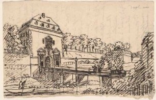 Das Pirnaische Tor (Pirnaischer Platz, Landhausstraße) in Dresden vor der Demolierung 1820 mit Stadtgraben, Blick nach Nordwesten, verso die Schrift eines Briefes (Ausschnitt)