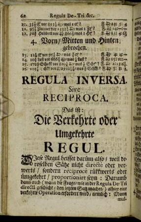 Regula Inversa. Sive Reciproca. Das ist: Die Verkehrte oder Umgekehrte Regul.