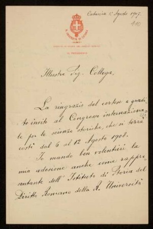 Brief von Antonio Zocco-Rosa an Otto von Gierke, Catania, 1.8.1907