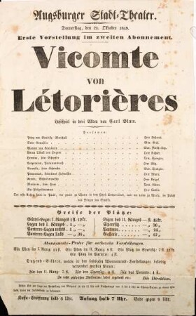 Augsburger Stadt-Theater. Donnerstag, den 25. Oktober 1849. Erste Vorstellung im zweiten Abonnement. Vicomente von Létorières. Lustspiel in drei Akten von Carl Blum