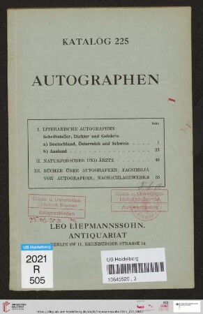 Nr. 225: Katalog: Autographen