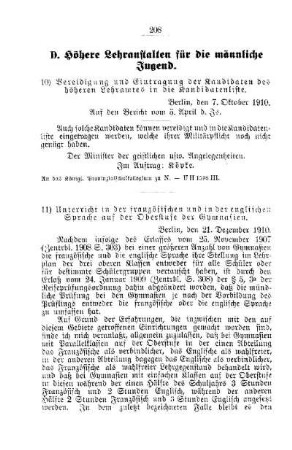 Vereidigung und Eintragung der Kandidaten des höheren Lehramtes in die Kandidatenliste : [D. Höhere Lehranstalten für die männliche Jugend]