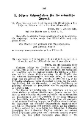 Vereidigung und Eintragung der Kandidaten des höheren Lehramtes in die Kandidatenliste : [D. Höhere Lehranstalten für die männliche Jugend]