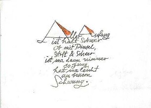 Gsaenger, Gustav; u.a.: Lenggries, Reichenau, Holzhausen, Dachau, Obermenzing, Blutenburg; Skizzenbuch: 'Jugendblätter bunt gemischt - Gedicht: 'Aller Anfang ist halt schwer'