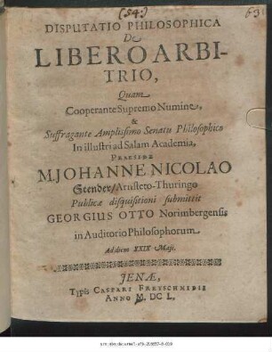Disputatio Philosophica De Libero Arbitrio