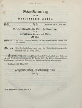 5. Ministerialbekanntmachung, die Pferde-Aushebungs-Vorschrift betreffend. Vom 20. März 1901