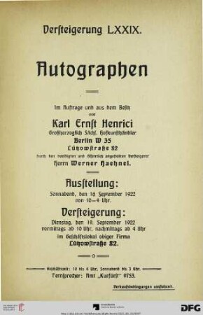 Autographen : Versteigerung 19. September 1922 (Katalog Nr. 79)