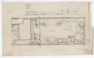 Garten Bassenge, Kleinmachnow: Gartenplan, Teilansicht Wohnhaus und Garten 1:100