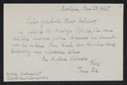 Brief von Antonie Bie an Gerhart Hauptmann