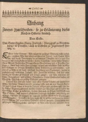 Anhang zweyer Ausschreiben/ so zu Erläuterung dieser Kirchen-Historia dienlich.