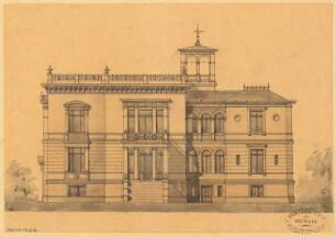 Villa, Gera Monatskonkurrenz April 1878: Aufriss Gartenansicht; (Maßstabsleiste auf dem Träger)